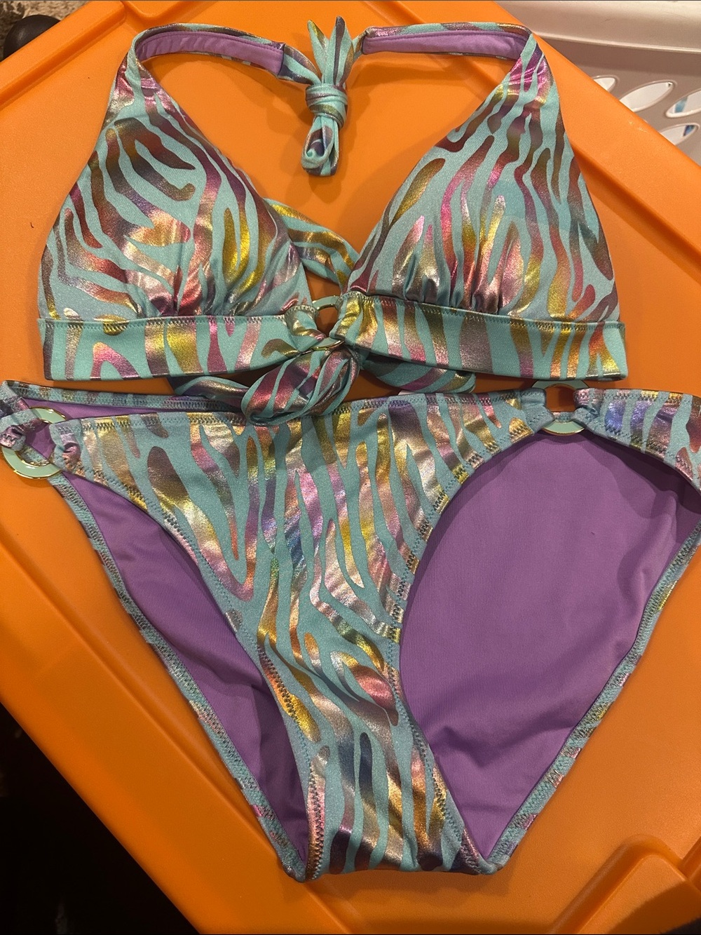 Victoria's Secret Teal Zebra Metallic Bikini with Purple Lining